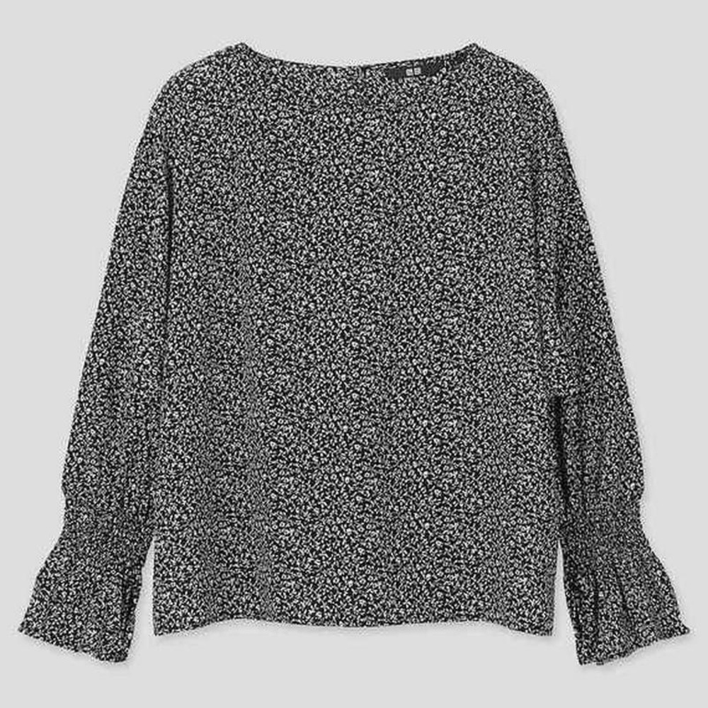 Uniqlo Black Floral Crewneck Blouse